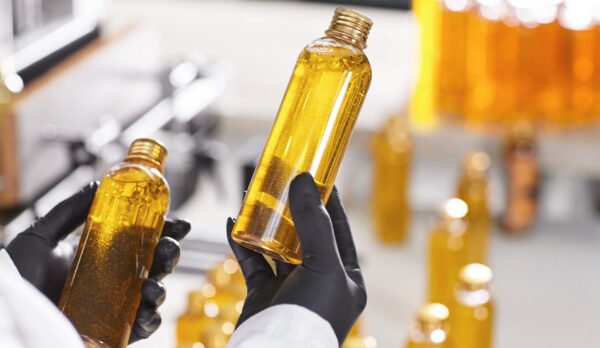 Lean production of cosmetics on factory. Close-up portrait of hands in black rubber gloves holding two bottles with yellow substance looking at quality of made product. Checking done work on factory